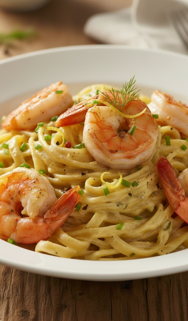 Jumbo shrimp with creamy pasta